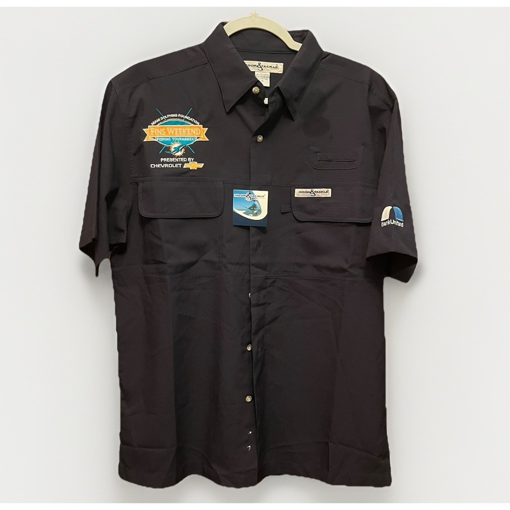 NWT Hook & Tackle Miami Dolphins Fins Weekend Fishing Shirt Mens M Navy Chevy